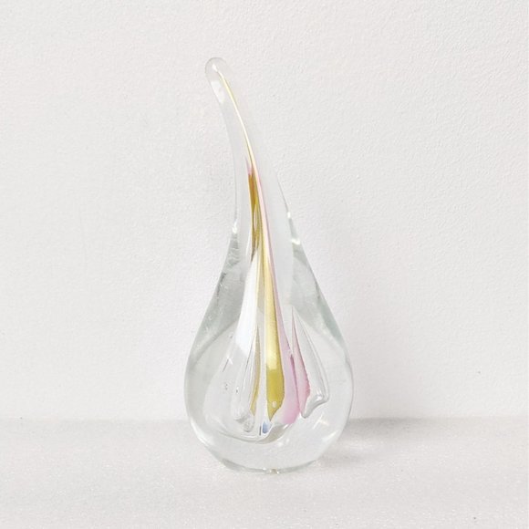 Signed AJ Adam Jablonski Hand Blown Art Glass Teardrop Paperweight Pink Yellow - Picture 2 of 6